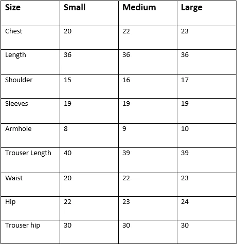 Size chart for Berry 2Pc